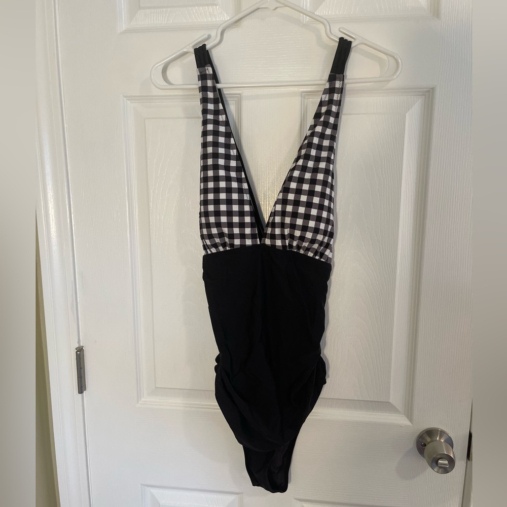 Black and White Gingham Ruched One Piece Swimsuit by Cupshe - Picture 4 of 8